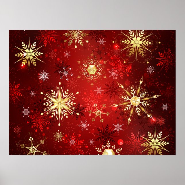 Poster Flocos de neve do Ouro de Natal em Fundo Vermelho (Frente)