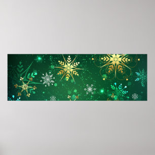 Poster Flocos de neve do Ouro Xmas em fundo verde
