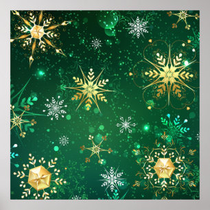 Poster Flocos de neve do Ouro Xmas em fundo verde