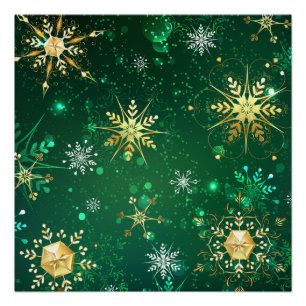 Póster Flocos de neve do Ouro Xmas em fundo verde
