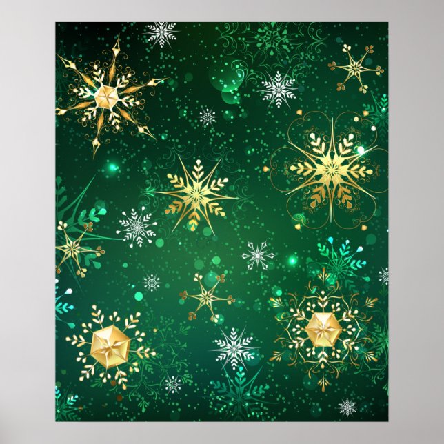 Poster Flocos de neve do Ouro Xmas em fundo verde (Frente)