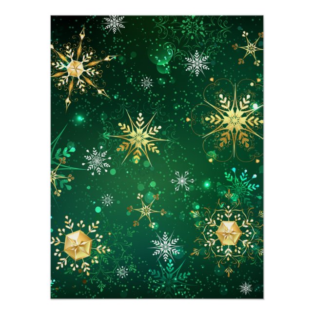 Póster Flocos de neve do Ouro Xmas em fundo verde (Frente)