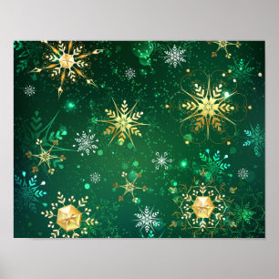 Poster Flocos de neve do Ouro Xmas em fundo verde