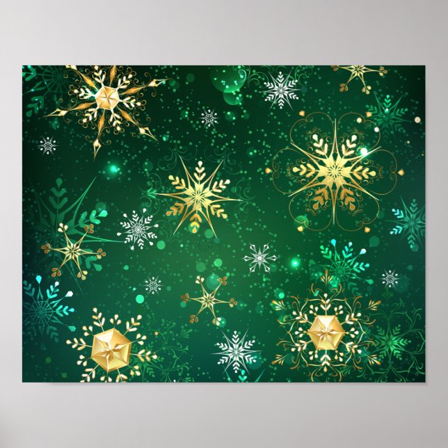 Poster Flocos de neve do Ouro Xmas em fundo verde (Frente)