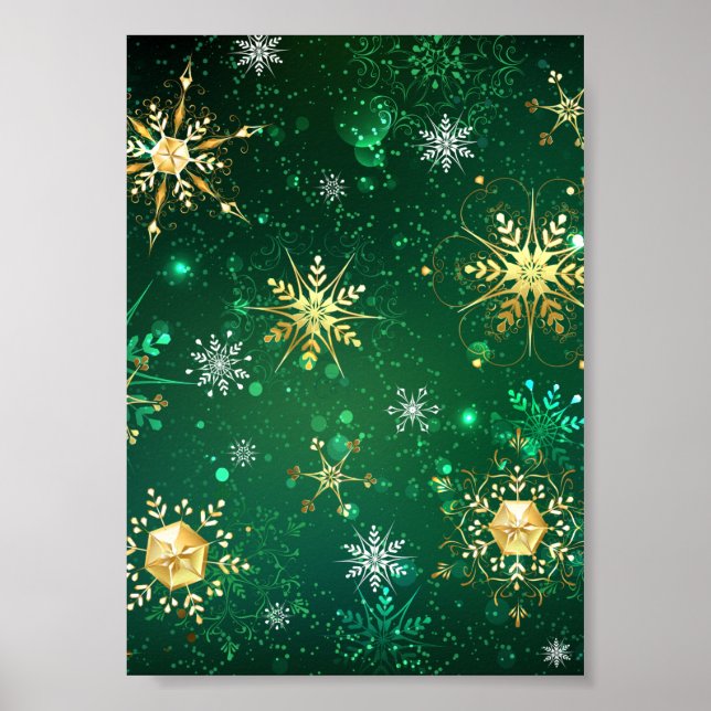 Poster Flocos de neve do Ouro Xmas em fundo verde (Frente)
