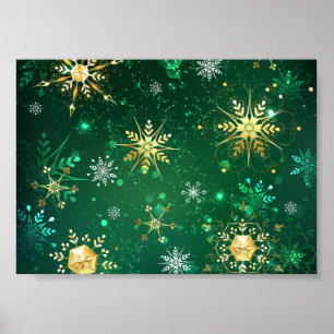 Poster Flocos de neve do Ouro Xmas em fundo verde