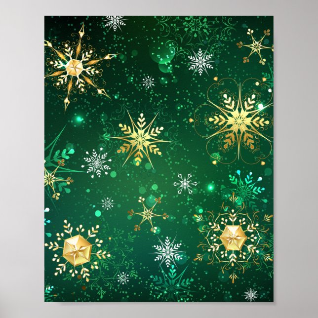 Poster Flocos de neve do Ouro Xmas em fundo verde (Frente)