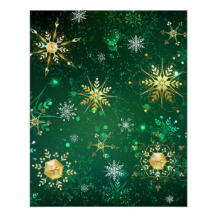 Póster Flocos de neve do Ouro Xmas em fundo verde