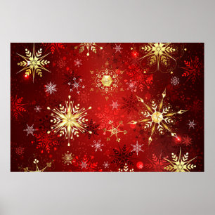 Poster Flocos de Neve Dourados de Natal em Fundo Vermelho