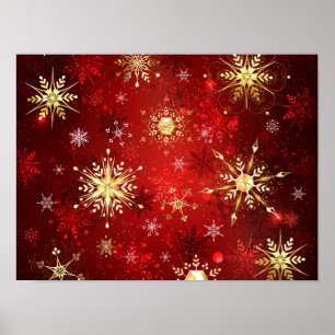 Poster Flocos de Neve Dourados de Natal em Fundo Vermelho