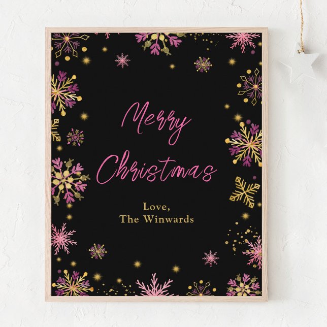 Poster Flocos de neve Dourados e cor-de-rosa Feliz Natal (Criador carregado)