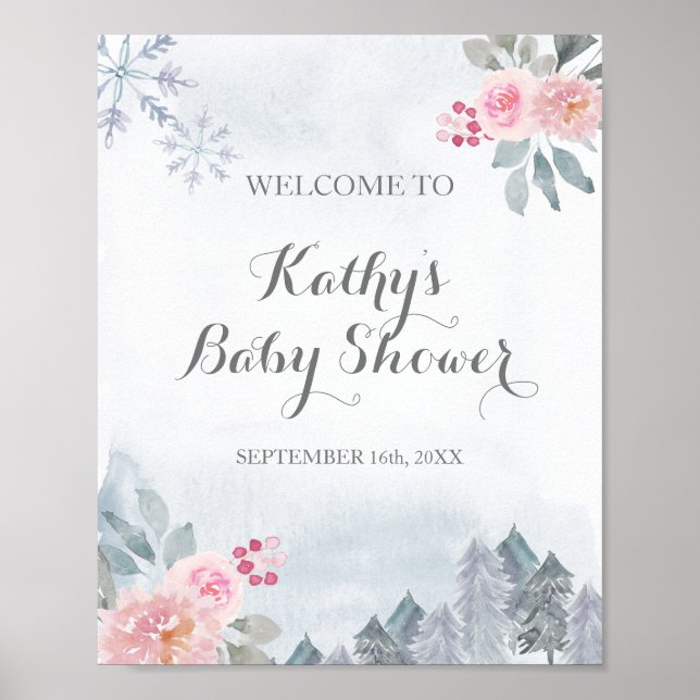 Poster Flocos de neve florais rosa dão as boas-vindas (Frente)