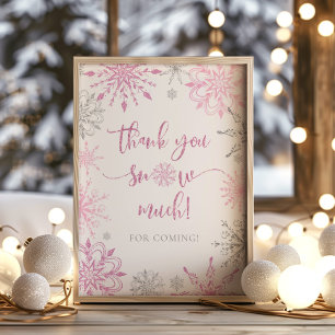 Poster Flocos de neve prateados cor-de-rosa Obrigado neve