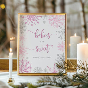 Poster Flocos de neve prateados cor-de-rosa Os bebês são