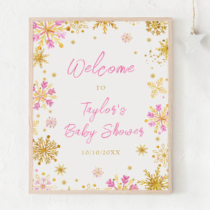 Poster Flocos de Neve Rosa e Dourado Bem-Vindo ao Chá de