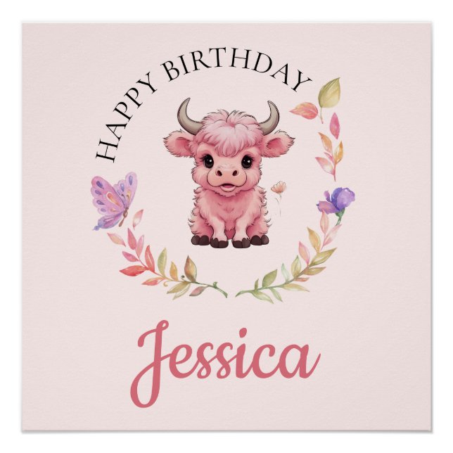 Póster Floffy Pink Highlands - Vaca Escocesa (Frente)