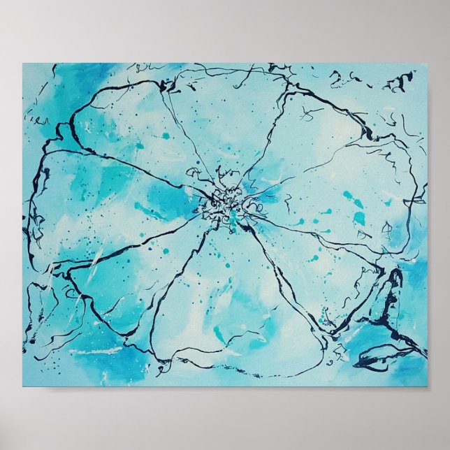 Poster Flor abstrato em azul e preto (Frente)