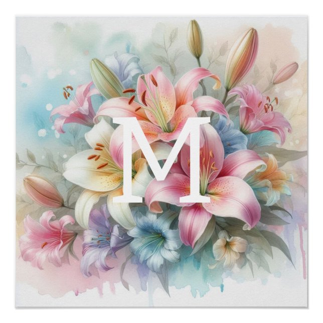 Póster Flor-aquarela monograma rosa lírios (Frente)