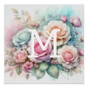 Póster Flor-aquarela monograma rosas rosa