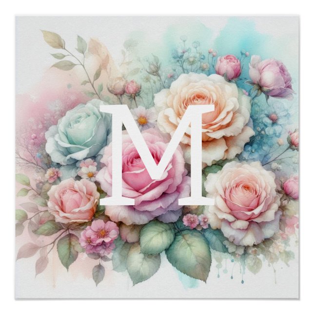 Póster Flor-aquarela monograma rosas rosa (Frente)