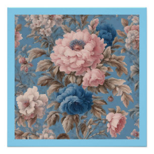 Póster Flor Azul E Rosa, Pastel Vitoriano