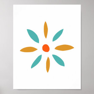 Póster Flor Azul Laranja Funky de Meados do Século