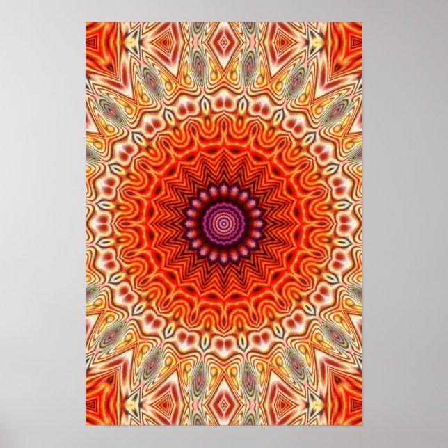 Póster Flor Caleidoscópica Laranja E Design Branco (Frente)