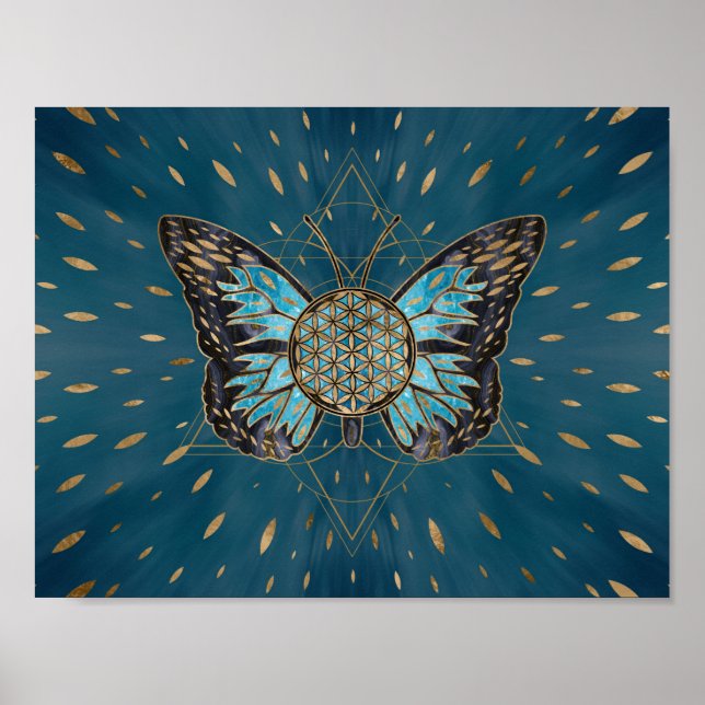Poster Flor da Borboleta Vida - Gemstone Azul e ouro (Frente)