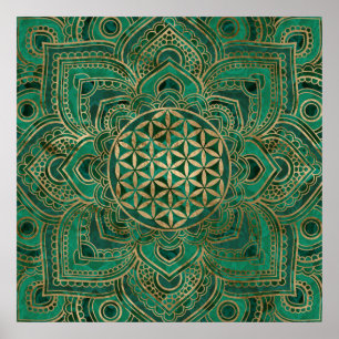 Poster Flor da vida em Lotus - malaquite e ouro