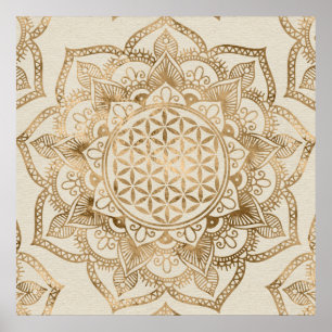 Poster Flor da vida em Lotus - ouro e canvas pastel