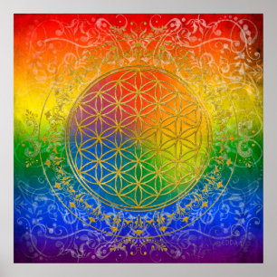 Póster Flor da vida - Ornamento Ouro arco-íris