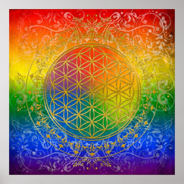 Póster Flor da Vida - Ornamento Ouro arco-íris (Frente)