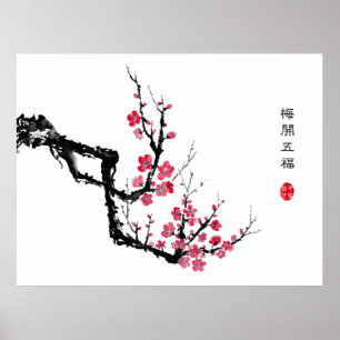 Poster Flor de ameixa de pintura com tinta oriental