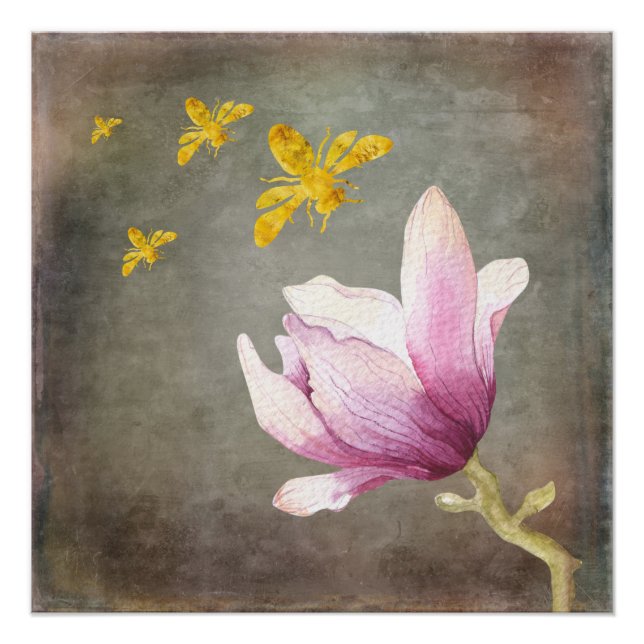 Póster Flor de Aquarela e Abelhas Douradas (Frente)