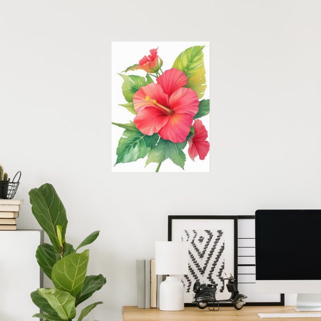 Poster Flor de Aquarela Rosa Hibiscus (Escritório em casa)