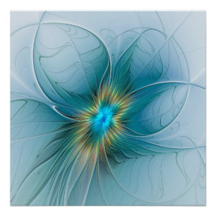 Póster Flor de Arte Fractal Dourada e Azul Moderno