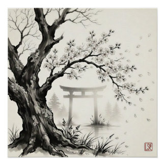 Póster Flor de Cerejeira e Portão Torii — Tinta Sumi-e J