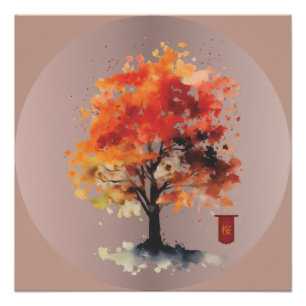 Póster Flor de Cerejeira Japonesa com Kanji