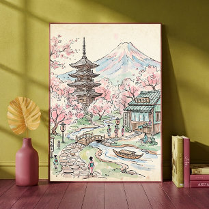 Poster Flor de Cerejeira Japonesa Monte Fuji Aquarela Ter