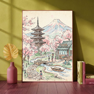 Poster Flor de Cerejeira Japonesa Monte Fuji Aquarela Ter