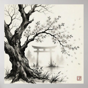 Poster Flor de Cerejeira & Portão Torii —  Tinta Sumi-e J
