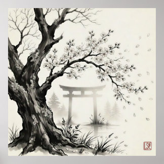 Poster Flor de Cerejeira & Portão Torii — Tinta Sumi-e J