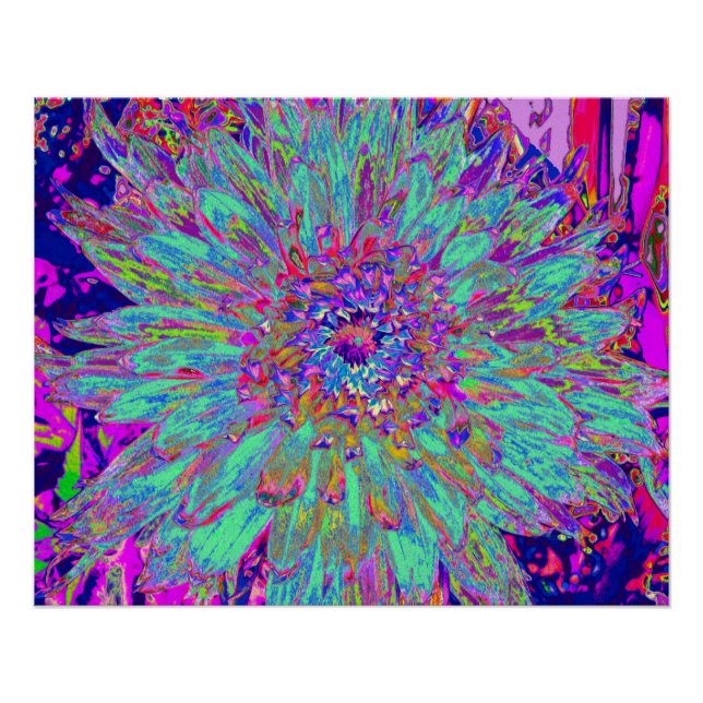 Póster Flor de Dália Abstrata Cor de Arrimar Azul (Frente)