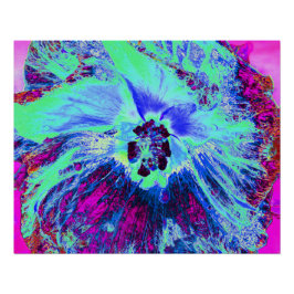 Póster Flor de Hibisco Azul e Verde Psicotrópico Retro