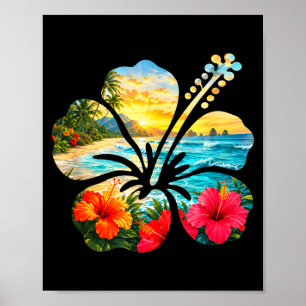 Poster Flor de hibisco vintage praia verão aloha