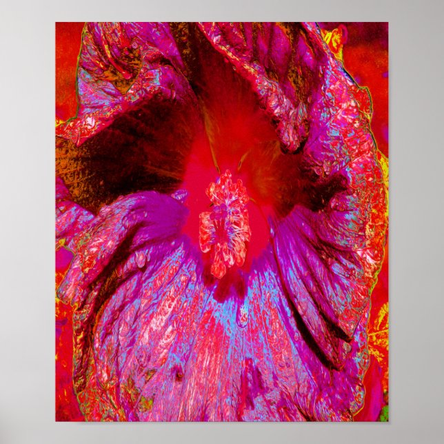 Poster Flor de Hibiscus Vermelho Retro Triquete Psicodéli (Frente)