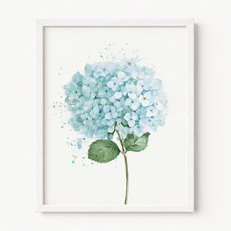Poster Flor de Hortênsia em Aquarela Azul Pastel