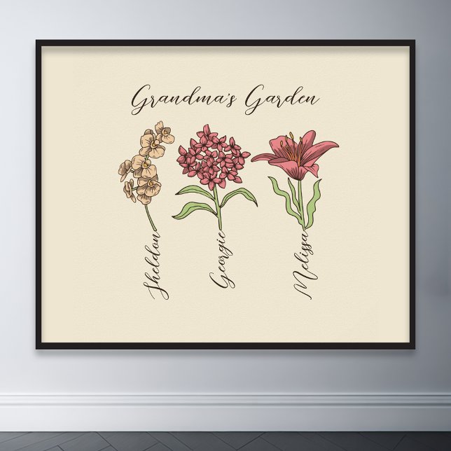 Poster Flor de Jardim 3 Netos da vovó Nome Floral (grandma flower garden grandchildren name floral wall art)