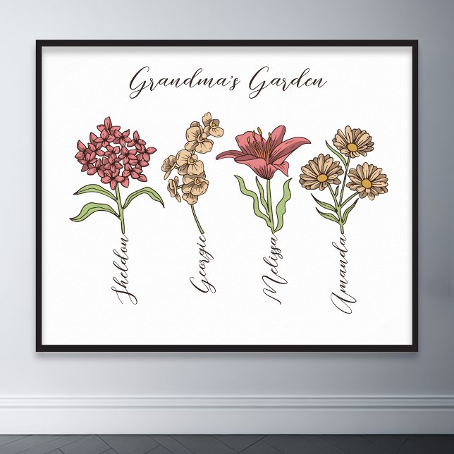 Poster Flor de Jardim da Vovó 4 Netos Nome Floral (grandma flower garden grandkids names floral poster)