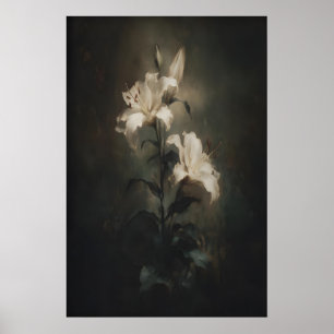 Poster Flor de Lírio Branco Arte Floral Escura Imprimível